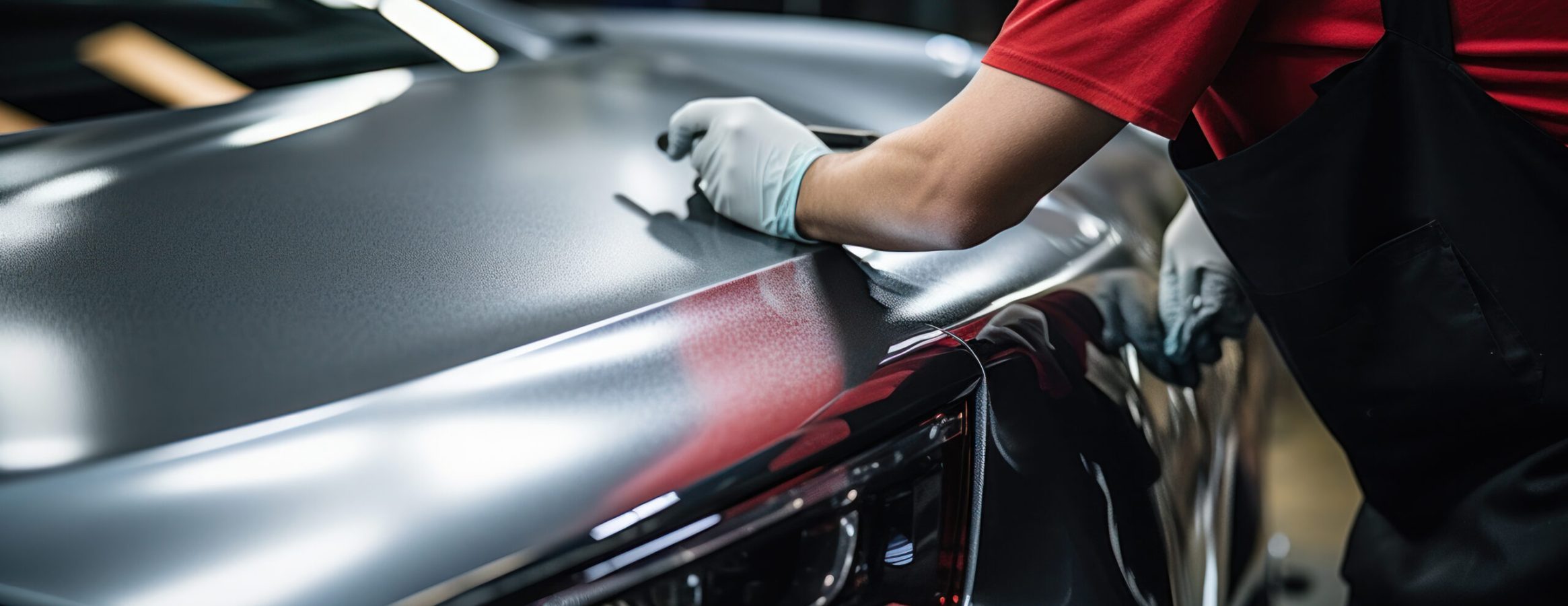 Process of pasting hood of red car with protective vinyl film from gravel chips and scratches. Transparent protection for paint.